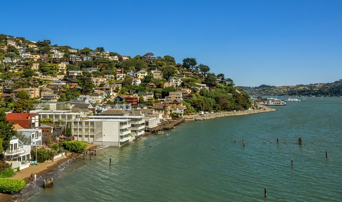 Houses on a hill overlooking the water in Sausalito, California