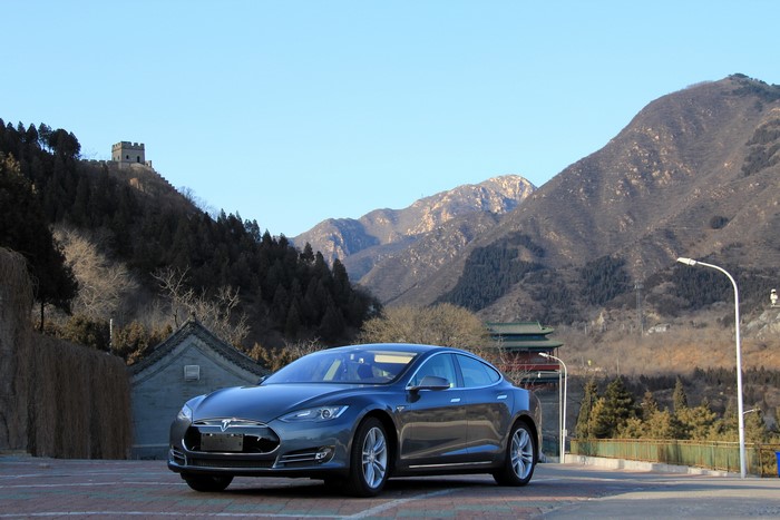 Grey Tesla Model S P85D parked near Great Wall of China