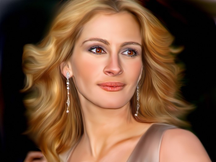 Julia Roberts with earrings against a black background
