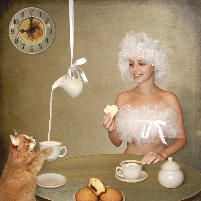 Cat and Woman at Breakfast with Milk Jug and Clock