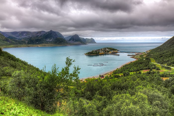 Husoy, Norway: Island village and aquaculture in a fjord