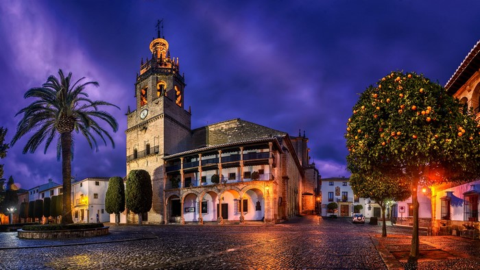Ronda Town Square at Night with Clock Tower
