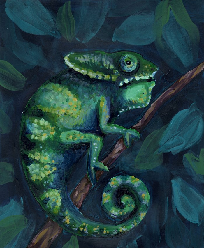 Painting of a green chameleon on a branch