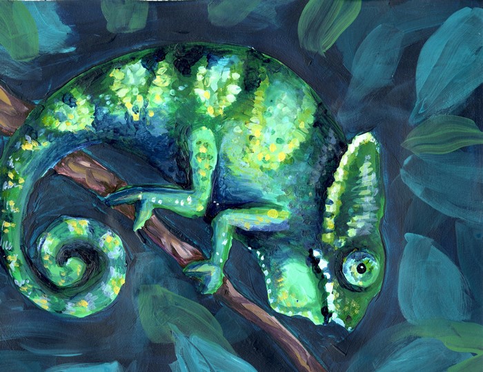 Painting of a green chameleon on a branch