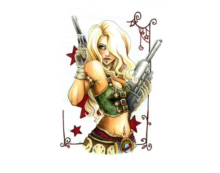 Painting Art of Blonde Girl with Pistols