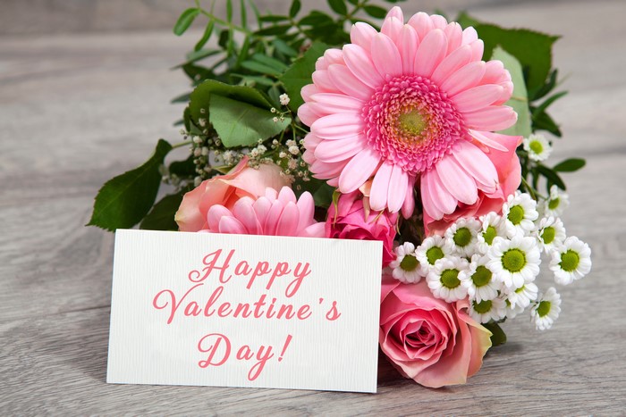 Pink Gerbera and Roses with Happy Valentine's Day Card