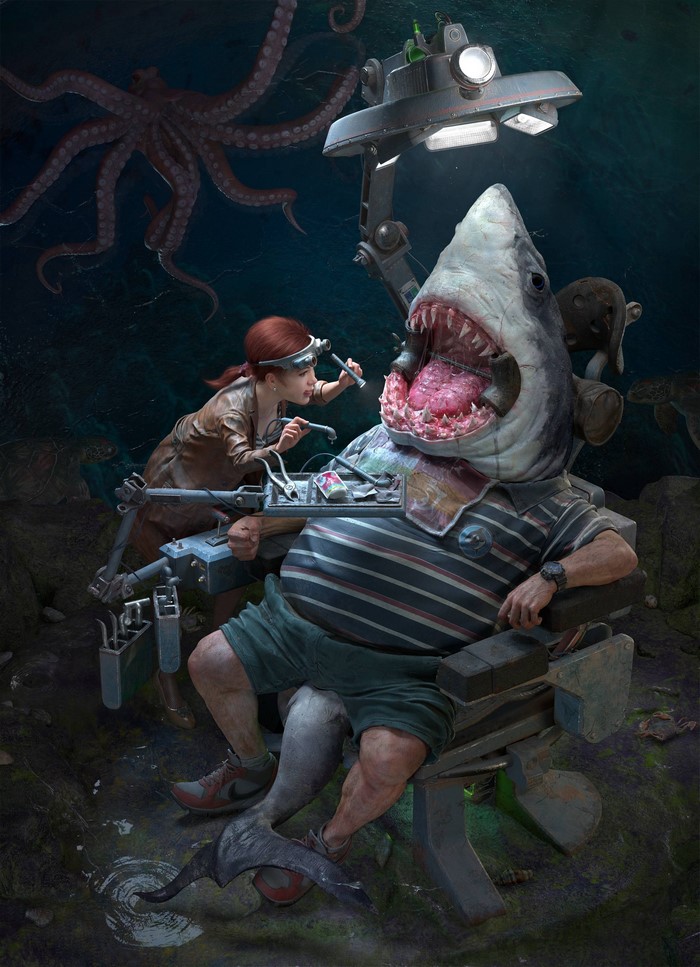 Shark Monster in Dental Chair with Young Dentist