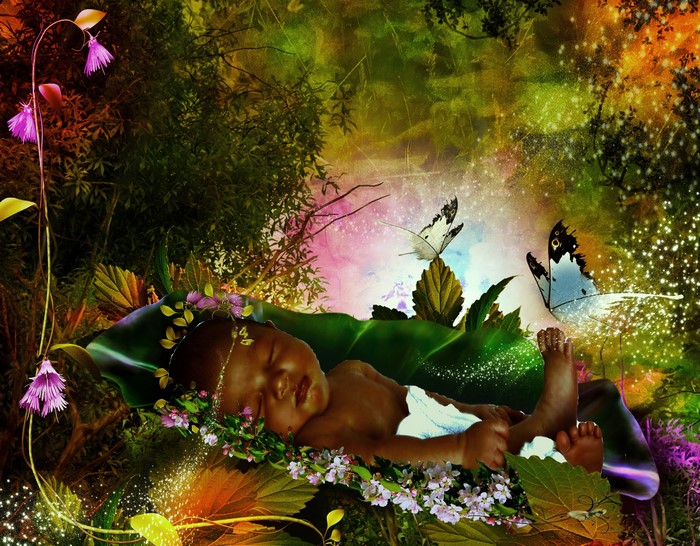 Sleeping infant in a magical forest with butterflies