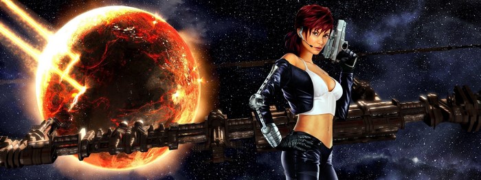 Woman with pistol in front of exploding planet and spaceship