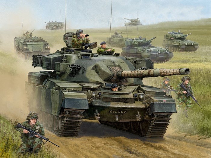 British Chieftain Tanks and Soldiers in Formation