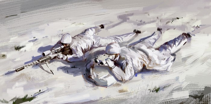 Two soldiers in white camouflage in the snow