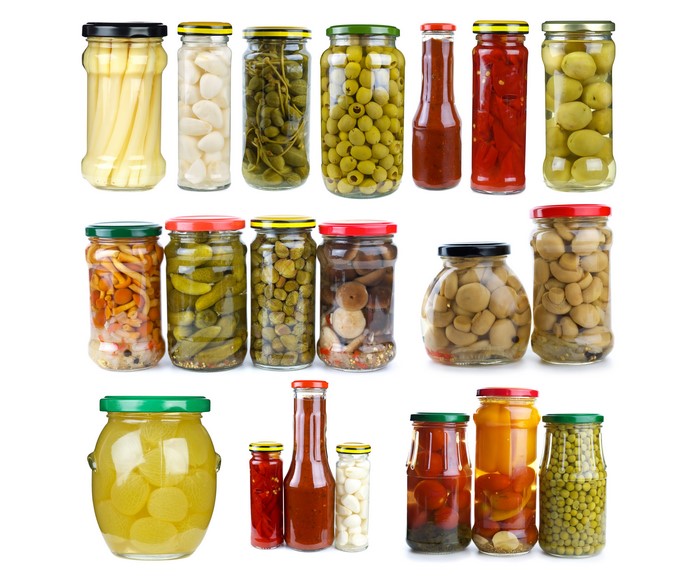 Jars of pickled vegetables and mushrooms
