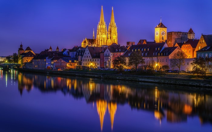 Regensburg cityscape with cathedral and river at night