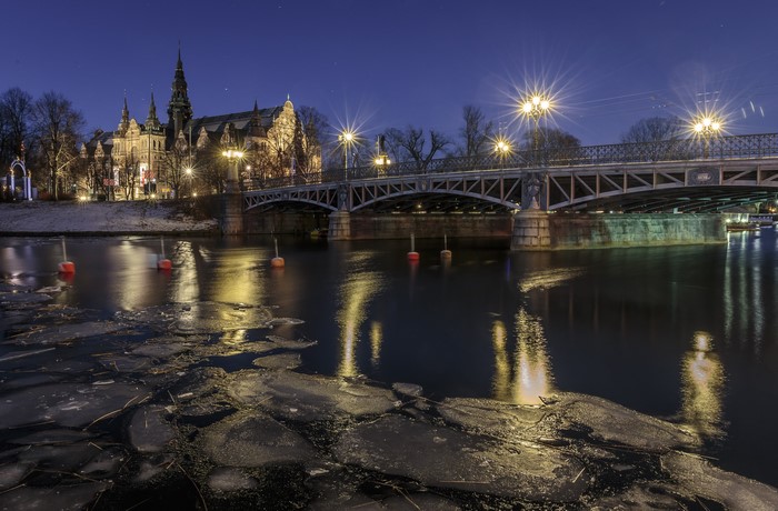 Stockholm Sweden River Bridge at Night with Ice