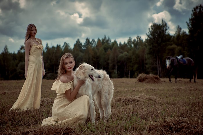 Two women and a dog in a field with a horse