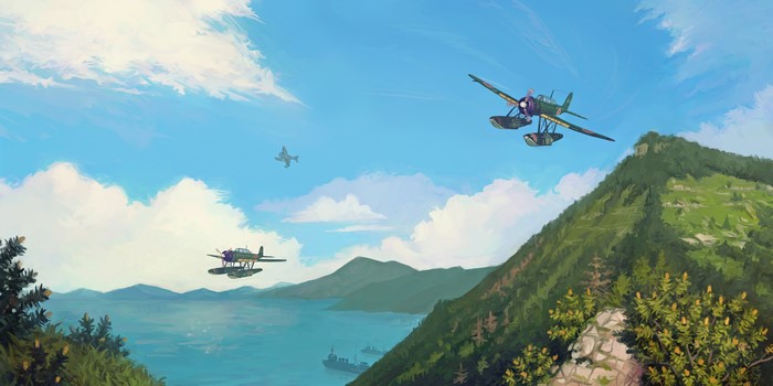 Japanese Seaplanes Flying Over a Coastal Mountain Landscape