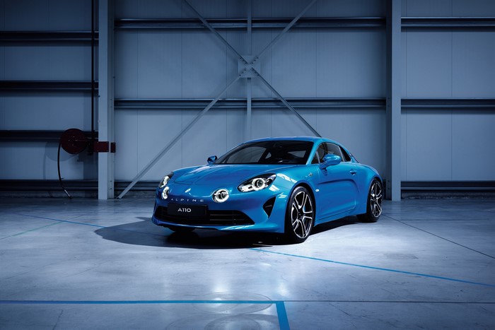 Blue 2017 Alpine A110 Premiere Edition in a Hangar