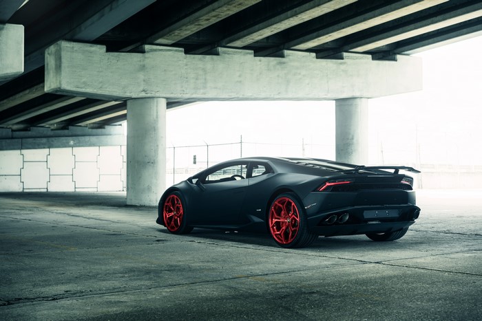 Matte Black Lamborghini Huracan with Red Wheels