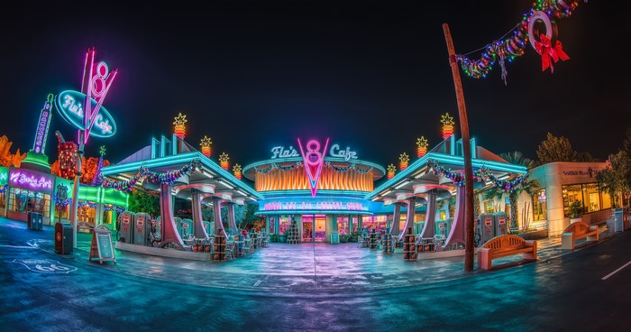 Flo's V8 Cafe at Disneyland California at Night