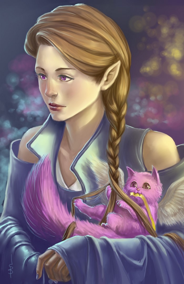 Elf girl with braid hair holding a pink magical cat