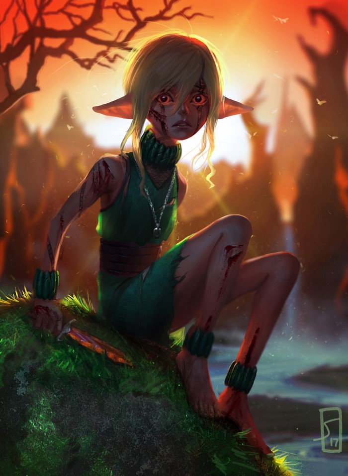Injured Elf Girl with Knife