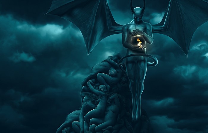 Demon with wings holding fire above pile of bodies