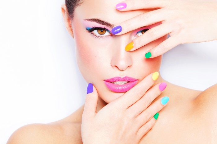 4K Vibrant Multicolor Manicure and Makeup Close-up