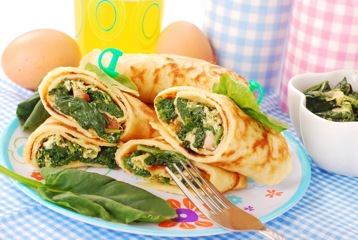 Pancakes with spinach and eggs on a plate