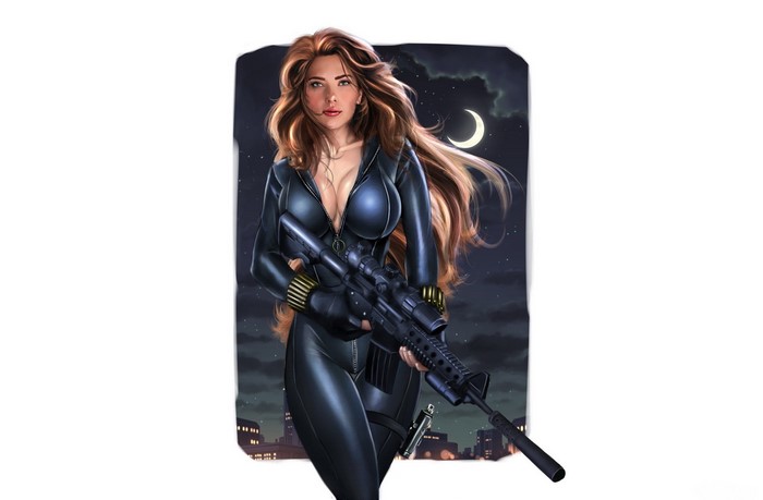 Black Widow with Sniper Rifle at Night