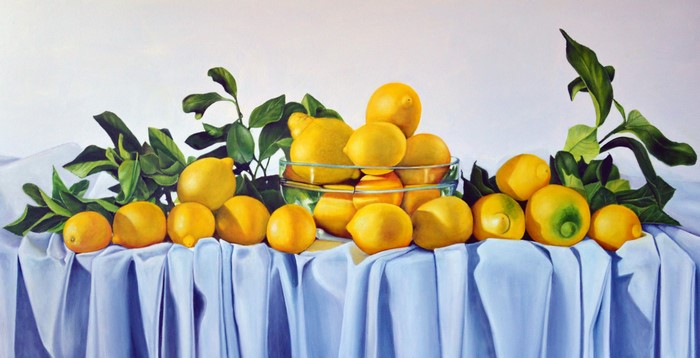 Still life of lemons with foliage
