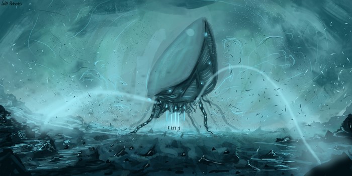 Alien creature with glowing lights and energy beams