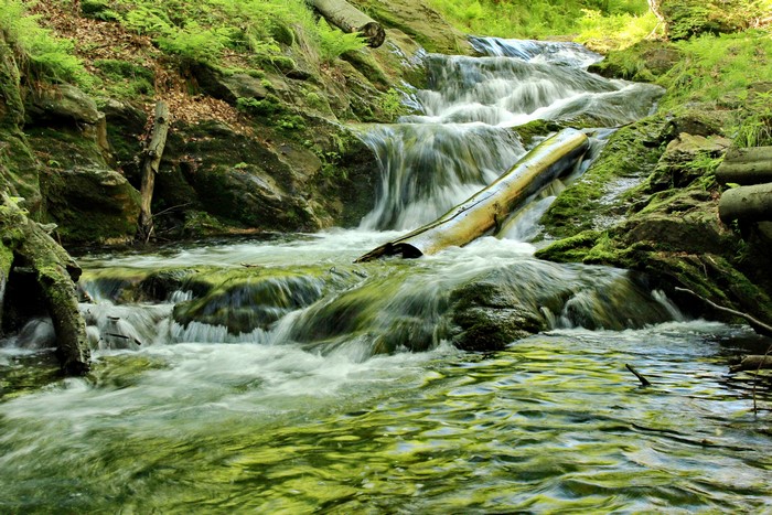 Waterfalls and mossy rocks in Jeseniky Mountains, Czech Republic