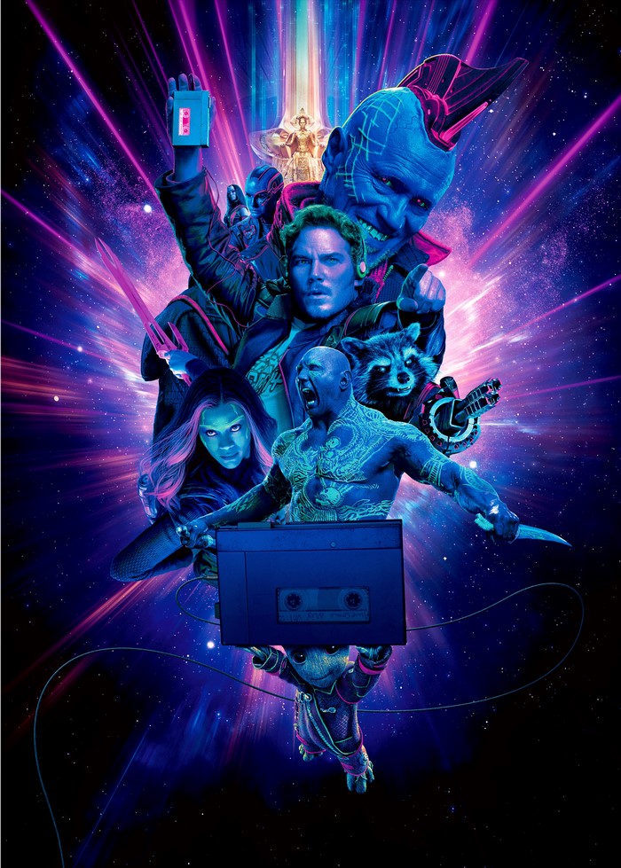 Guardians of the Galaxy Vol. 2 Poster with Star-Lord, Drax, Rocket, Gamora, Yondu, and Baby Groot
