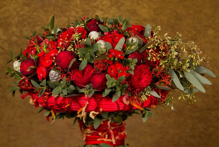 Red floral bouquet with eucalyptus