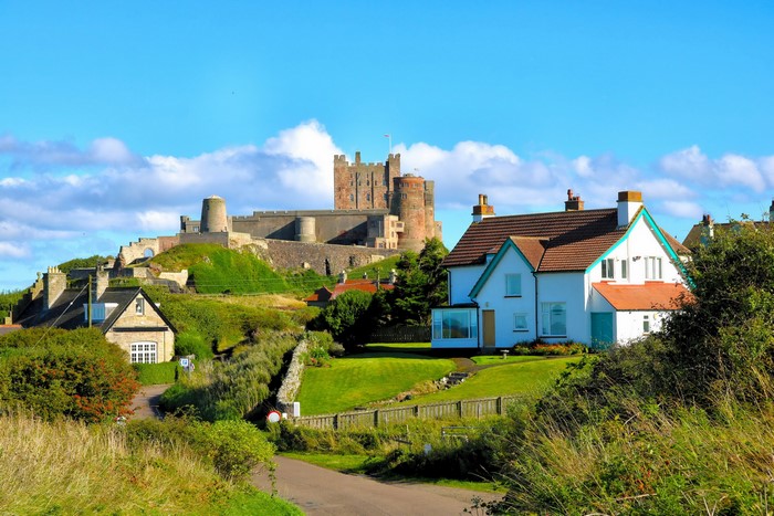 Bamburgh Castle and houses in England