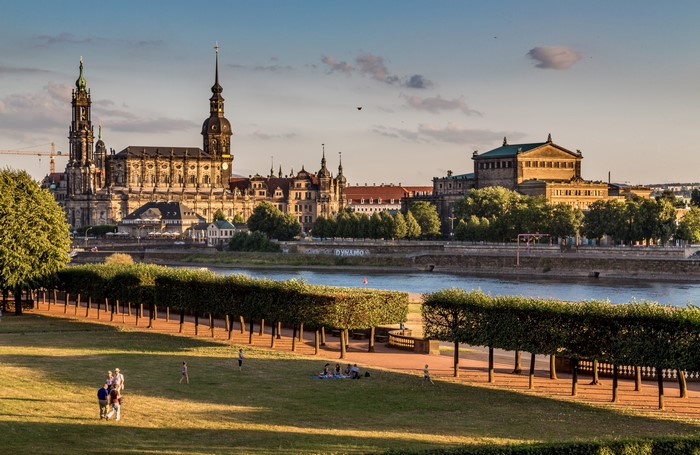 Dresden skyline with river and park