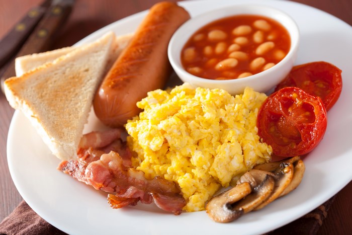 Full English Breakfast with Sausage, Bacon, Eggs, Beans, Toast, and Tomatoes