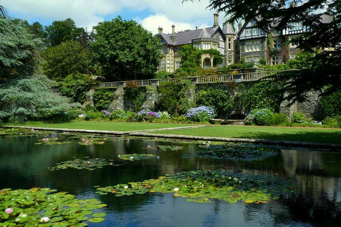 Country house with pond and water lilies in Wales