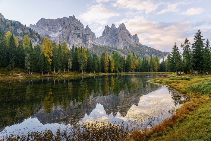 Lake Antorno with Mountains and Trees Reflection in Italy