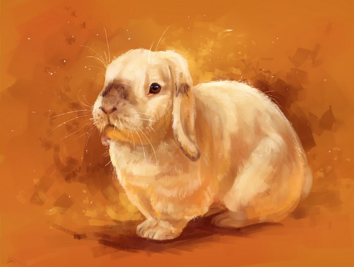 Painting of a lop-eared rabbit eating
