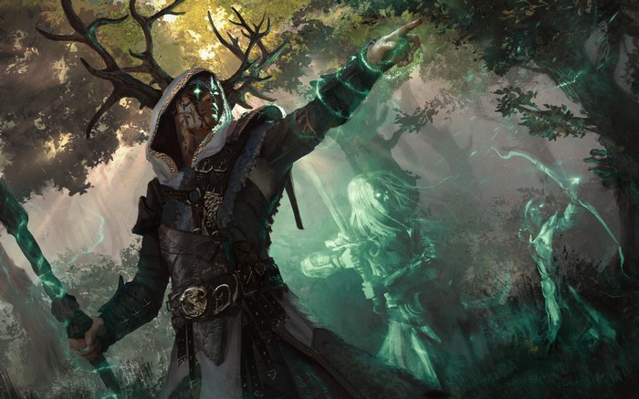 Mage with horns and spectral figures in a forest