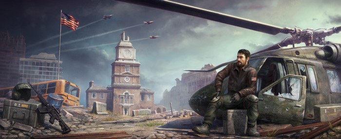 Man with Helicopter in Destroyed City