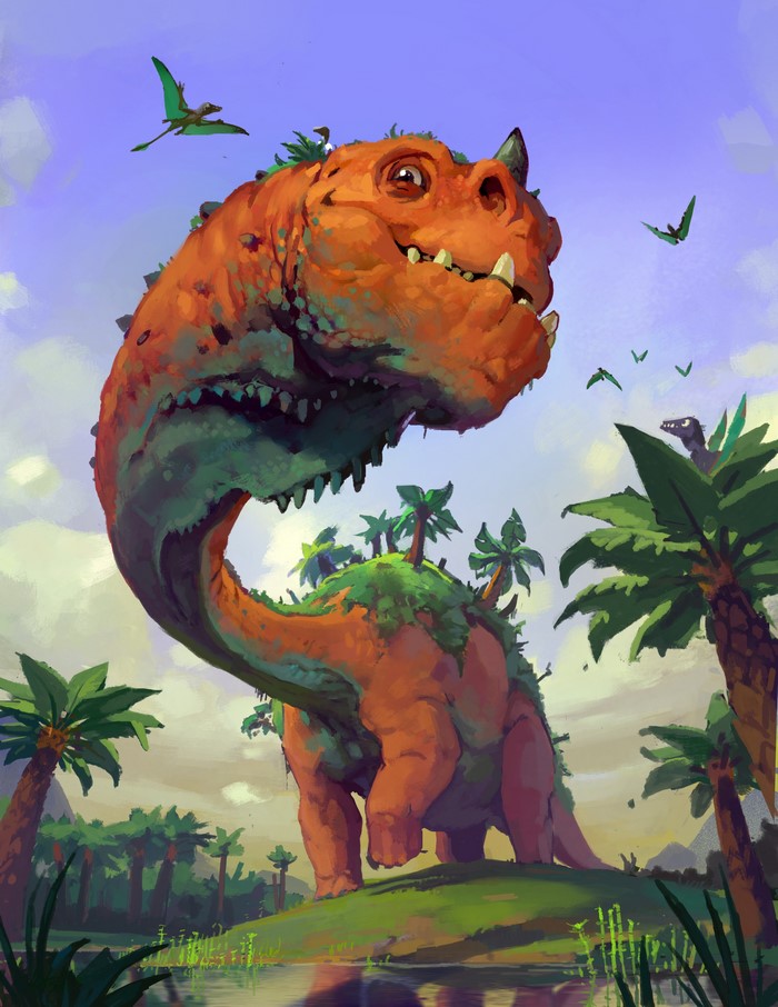 A large, orange dinosaur covered in plants and trees, with pterodactyls flying in the sky.