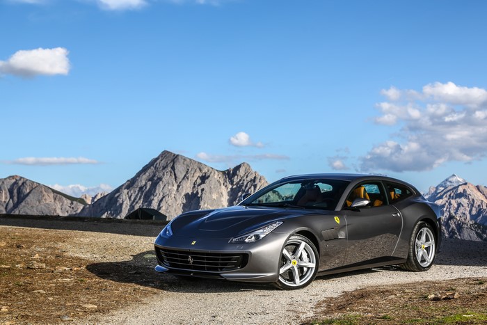 Grey Ferrari GTC4 Lusso in mountains