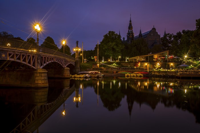 Stockholm, Sweden: Bridge, River, and Buildings at Night