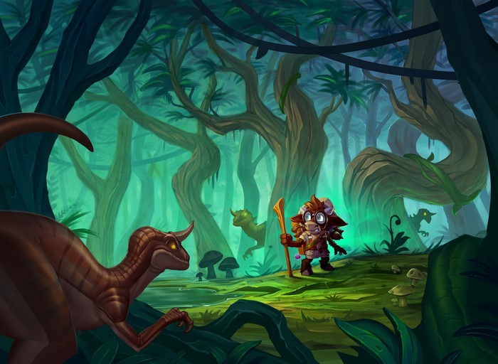 The Marsh Queen from Hearthstone: Heroes of Warcraft with dinosaurs in a forest