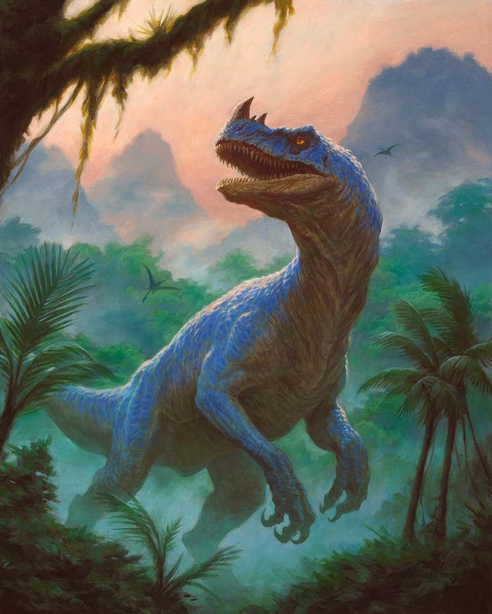 Blue Dinosaur in Misty Jungle