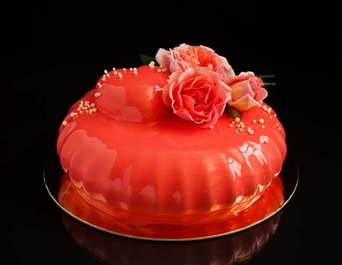Coral Mirror Glaze Cake with Roses