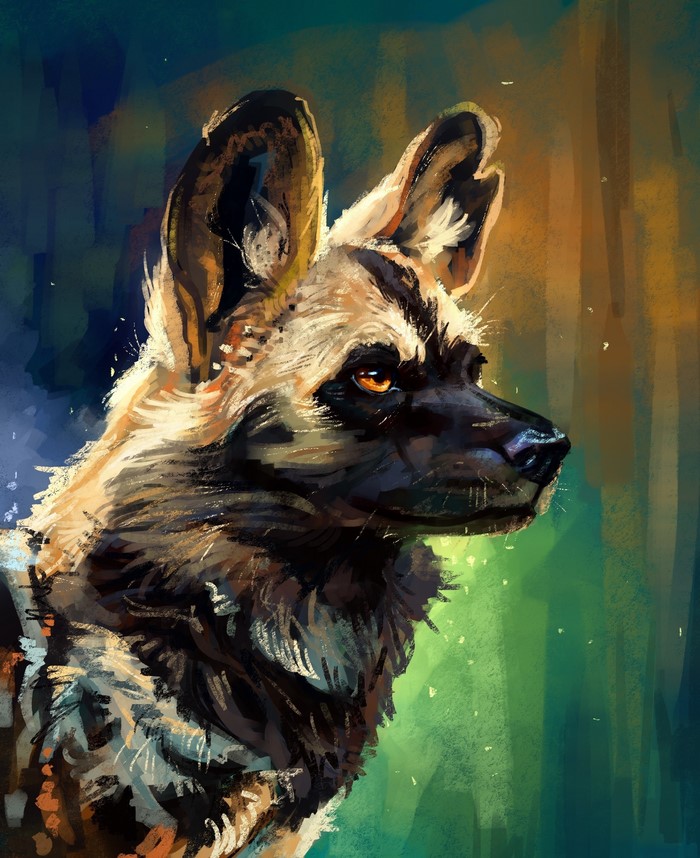 Painting of an African wild dog's head