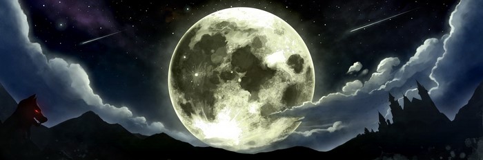 Full Moon Over Mountains with Wolf and Castle